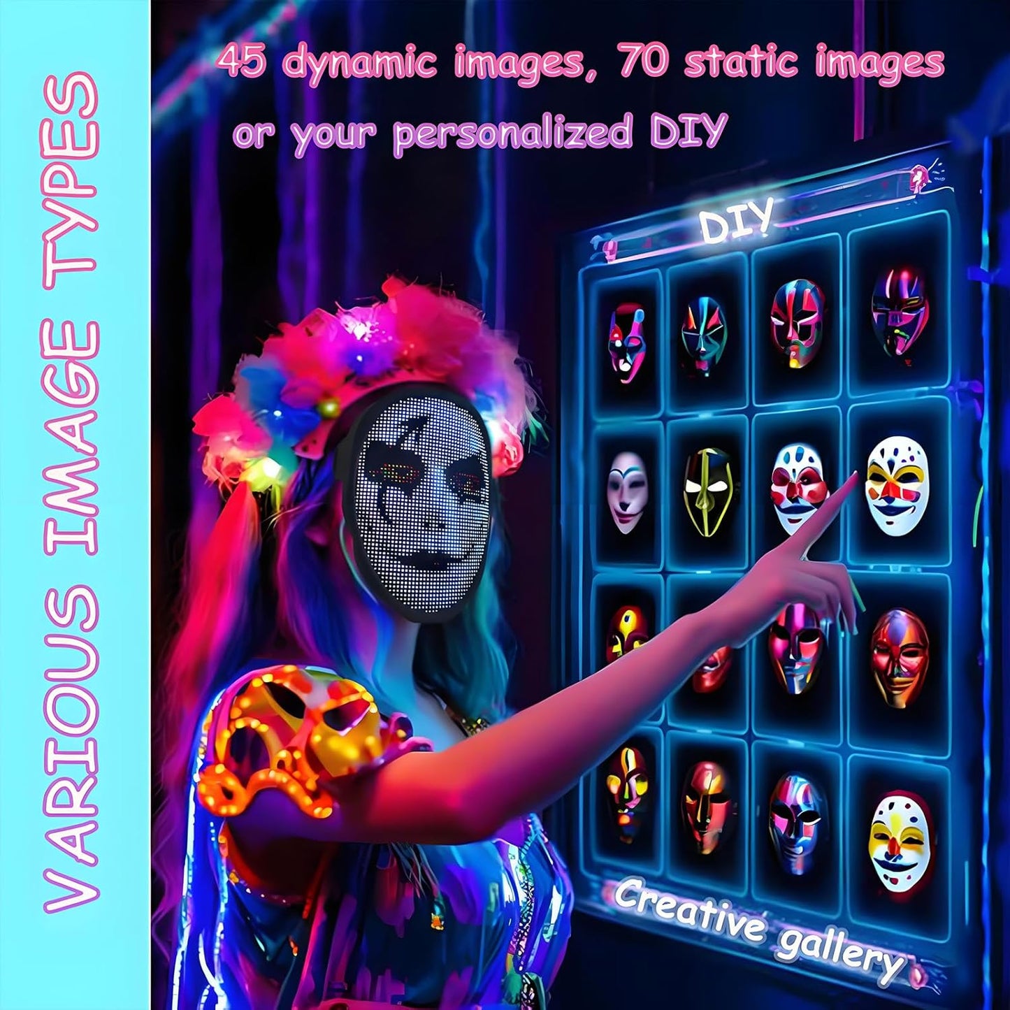 LED Light Up Mask with Gesture Sensing for Halloween Cosplay Party